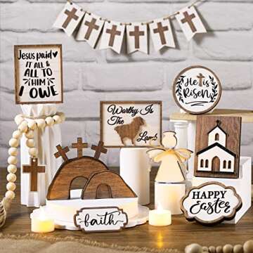 Amyhill 17 Pcs He is Risen Tiered Tray Decor Wooden Religious Christmas Decoration Jesus Tomb Tray Bundle Decor Farmhouse Rustic Christian Easter Tiered Tray Sign Items Easter Decor for Home