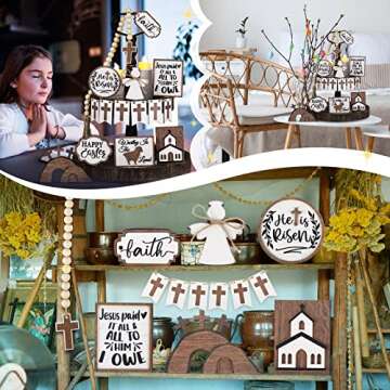 Amyhill 17 Pcs He is Risen Tiered Tray Decor Wooden Religious Christmas Decoration Jesus Tomb Tray Bundle Decor Farmhouse Rustic Christian Easter Tiered Tray Sign Items Easter Decor for Home