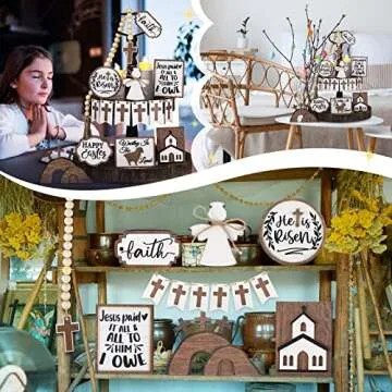 Amyhill 17 Pcs He is Risen Tiered Tray Decor Wooden Religious Christmas Decoration Jesus Tomb Tray Bundle Decor Farmhouse Rustic Christian Easter Tiered Tray Sign Items Easter Decor for Home