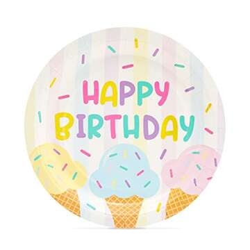 BLUE PANDA Ice Cream Party Decorations, Happy Birthday Paper Plates (7 In, 48 Pack)