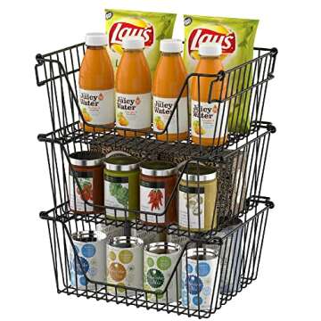 Slideep Wire Storage Baskets, Freezer Baskets Farmhouse Stackable Organizer Storage Bins Large Organizer for Storage, Office, Bathroom, Pantry Organization Storage with Handles 14" Black -Set of 3