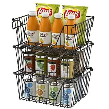 Slideep Wire Storage Baskets, Freezer Baskets Farmhouse Stackable Organizer Storage Bins Large Organizer for Storage, Office, Bathroom, Pantry Organization Storage with Handles 14" Black -Set of 3