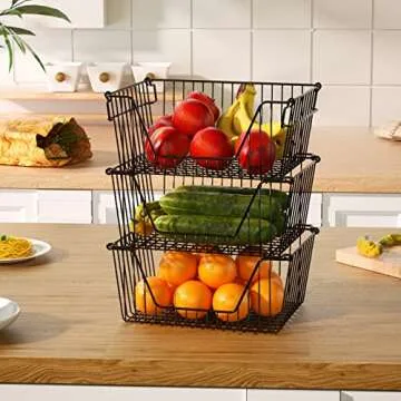 Slideep Wire Storage Baskets, Freezer Baskets Farmhouse Stackable Organizer Storage Bins Large Organizer for Storage, Office, Bathroom, Pantry Organization Storage with Handles 14" Black -Set of 3