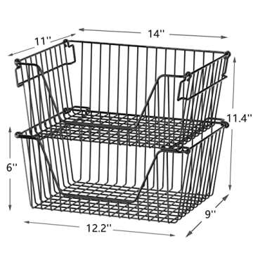 Slideep Wire Storage Baskets, Freezer Baskets Farmhouse Stackable Organizer Storage Bins Large Organizer for Storage, Office, Bathroom, Pantry Organization Storage with Handles 14" Black -Set of 3