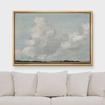 MUDECOR Framed Canvas Print Wall Art Gray Clouds Over Rustic Field Landscape Nature Wilderness Illus...