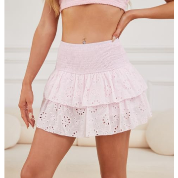 AIHUKOCY Women's High Waist Eyelet Mini Skirt in Pink