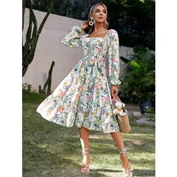 Amegoya Women's Boho Flowy Long Sleeve Midi Dress Tiered Smocked Square Neck Floral Maternity Dress(A-Floral L)