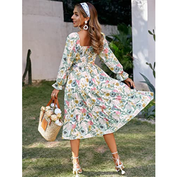 Amegoya Women's Boho Flowy Long Sleeve Midi Dress Tiered Smocked Square Neck Floral Maternity Dress(A-Floral L)