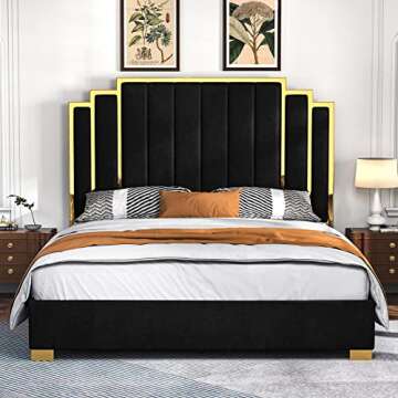 Albott King Size Platform Bed Frame, 65" Velvet Upholstered Bed with Gold Trim Headboard/Wooden Slats/No Box Spring Needed/Black