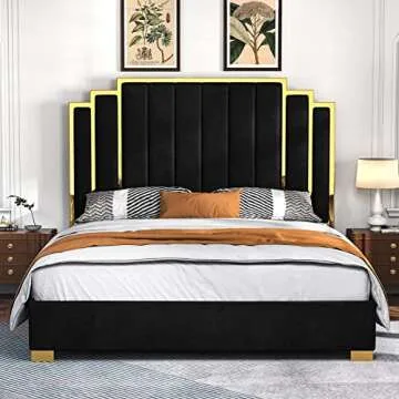 Albott King Size Platform Bed Frame, 65" Velvet Upholstered Bed with Gold Trim Headboard/Wooden Slats/No Box Spring Needed/Black
