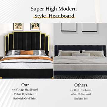 Albott King Size Platform Bed Frame, 65" Velvet Upholstered Bed with Gold Trim Headboard/Wooden Slats/No Box Spring Needed/Black