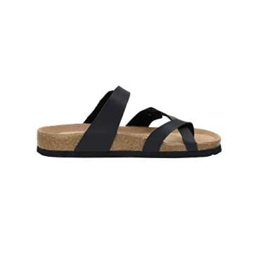 CUSHIONAIRE Luna Cork Footbed Women's Sandals - Comfortable Slip-On Slides with Adjustable Straps & Memory Foam for All-Day Wear | Beach Essential Summer Sandals for Women 2025, BLACK 7.5