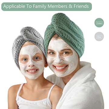 Microfiber Hair Drying Towel - 2Packs Waffle Long Hair Head Turban Wraps Terry Cloth Fast Absorbent Dry Anti Frizz Twist Plopping Curly Shower Turban for Women Wet Hair (Green)