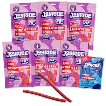 JOYRIDE Sour Strawberry Ropes - 3.5 oz 6-Pack Bundle with 2.5oz Glacial Peppermint Gum, TLow Sugar L...