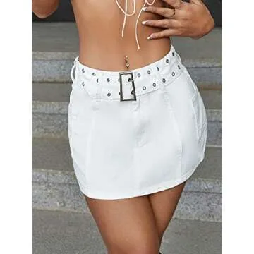 Verdusa Women's Pocket Side High Waist Belted Bodycon Mini Denim Skirt White XS
