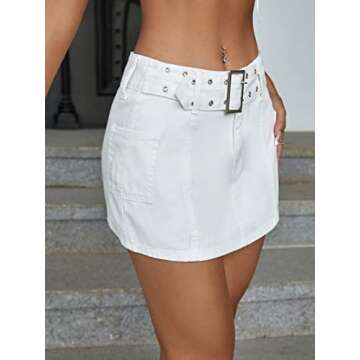 Verdusa Women's Pocket Side High Waist Belted Bodycon Mini Denim Skirt White XS