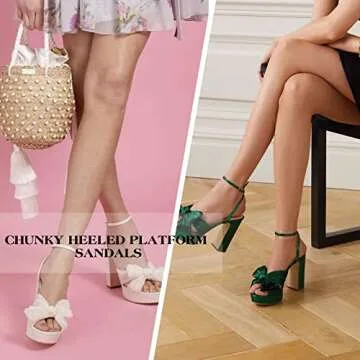 Mattiventon Platform Sandals for Women Chunky High Heel Ankle Strap Bowknot Sandals Elegant Wedding Sandals for Bridal