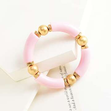 LALAPPLE Gold Plated Beaded Acrylic Bamboo Tube Bangle Bracelets for Women, Colorful Chunky Curved Tube With Gold Pieces Beads Stretch Bracelet Friendship Summer Beach Jewelry (L-Pink)
