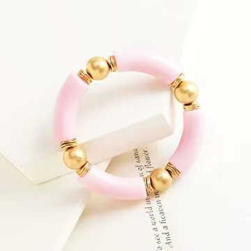 LALAPPLE Gold Plated Beaded Acrylic Bamboo Tube Bangle Bracelets for Women, Colorful Chunky Curved Tube With Gold Pieces Beads Stretch Bracelet Friendship Summer Beach Jewelry (L-Pink)