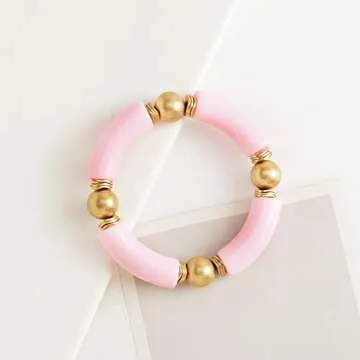LALAPPLE Gold Plated Beaded Acrylic Bamboo Tube Bangle Bracelets for Women, Colorful Chunky Curved Tube With Gold Pieces Beads Stretch Bracelet Friendship Summer Beach Jewelry (L-Pink)