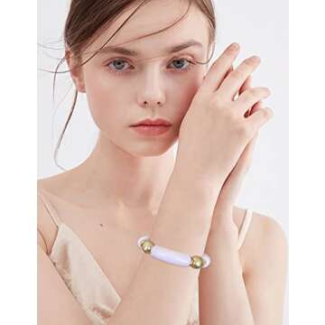 LALAPPLE Gold Plated Beaded Acrylic Bamboo Tube Bangle Bracelets for Women, Colorful Chunky Curved Tube With Gold Pieces Beads Stretch Bracelet Friendship Summer Beach Jewelry (L-Pink)