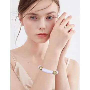 LALAPPLE Gold Plated Beaded Acrylic Bamboo Tube Bangle Bracelets for Women, Colorful Chunky Curved Tube With Gold Pieces Beads Stretch Bracelet Friendship Summer Beach Jewelry (L-Pink)