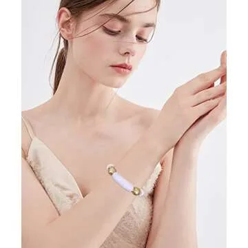 LALAPPLE Gold Plated Beaded Acrylic Bamboo Tube Bangle Bracelets for Women, Colorful Chunky Curved Tube With Gold Pieces Beads Stretch Bracelet Friendship Summer Beach Jewelry (L-Pink)