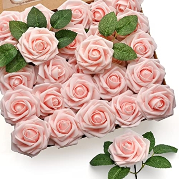 Mocoosy 50Pcs Rose Artificial Flowers, Blush Pink Roses for Decoration, Real Touch Foam Fake Roses B...