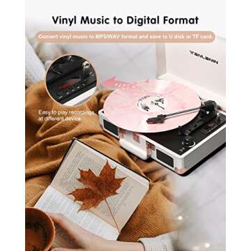 Vinyl Record Player Bluetooth Vintage 3-Speed Portable Suitcase Turntables with Built-in Speakers, Belt-Driven LP Player Support USB Recording AUX-in RCA Line Out Headphone Jack, White