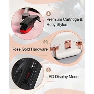 Vinyl Record Player Bluetooth Vintage 3-Speed Portable Suitcase Turntables with Built-in Speakers, Belt-Driven LP Player Support USB Recording AUX-in RCA Line Out Headphone Jack, White