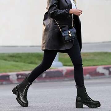 YETIER Lug Sole Ankle Bootie for Women Lace up Platform Combat Boots Fashion Hiking Chelsea Chunky Block Heel Leather Booties