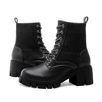 YETIER Lug Sole Ankle Bootie for Women Lace up Platform Combat Boots Fashion Hiking Chelsea Chunky Block Heel Leather Booties