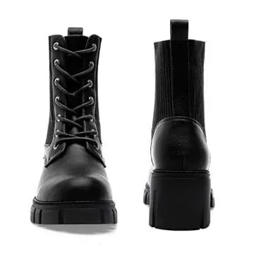 YETIER Lug Sole Ankle Bootie for Women Lace up Platform Combat Boots Fashion Hiking Chelsea Chunky Block Heel Leather Booties