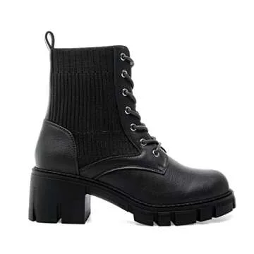 YETIER Lug Sole Ankle Bootie for Women Lace up Platform Combat Boots Fashion Hiking Chelsea Chunky Block Heel Leather Booties