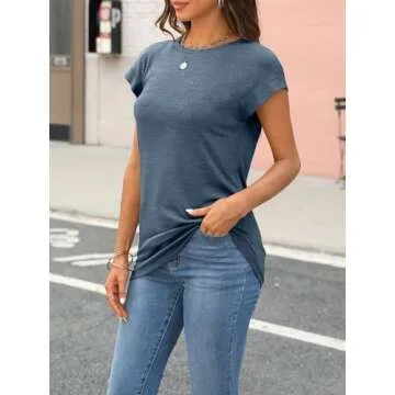 AUTOMET Womens Tops Summer Basic T Shirts Business Casual Loose Fit Cap Sleeve Tee Cute Clothes Trendy Fashion Outfits Blue S