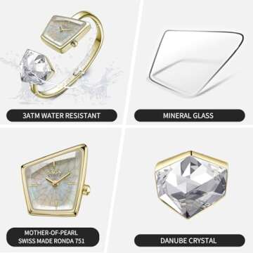 SAGA Illusion Women's Luxury Cuff Bangle Watch, Shaped Mineral Case, 316L Stainless Steel Bracelet with Danube Crystals, Swiss Ronda Quartz Movement, 30M Water Resistant