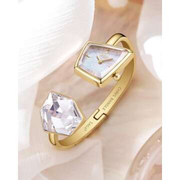 SAGA Illusion Women's Luxury Cuff Bangle Watch, Shaped Mineral Case, 316L Stainless Steel Bracelet with Danube Crystals, Swiss Ronda Quartz Movement, 30M Water Resistant