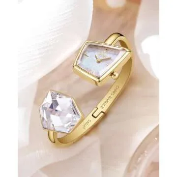 SAGA Illusion Women's Luxury Cuff Bangle Watch, Shaped Mineral Case, 316L Stainless Steel Bracelet with Danube Crystals, Swiss Ronda Quartz Movement, 30M Water Resistant