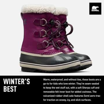 Sorel Winter Boots, Purple Wild Iris X Dark Plum, 4 US Unisex Big Kid