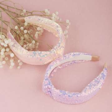 2pcs Sequin Headbands for Girls, Sparkly Glitter Sequin Knotted Headbands Elastic Shining Mesh Fabric Cute Sequin Hair Bands Sparkle Hairband for Women Girls Daily Birthday Party Gifts(Pink, Purple)