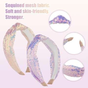 2pcs Sequin Headbands for Girls, Sparkly Glitter Sequin Knotted Headbands Elastic Shining Mesh Fabric Cute Sequin Hair Bands Sparkle Hairband for Women Girls Daily Birthday Party Gifts(Pink, Purple)