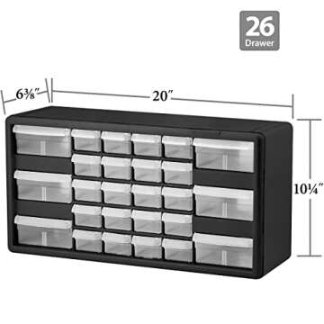 Akro-Mils 10726 26-Drawer Plastic Drawer Storage Cabinet for Garage Organization, Bead Organizer, Lego Storage, Teacher Toolbox, Makeup Organizer, and More, 20-Inch W x 6-Inch D x 10-Inch H, Black