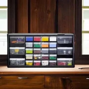 Akro-Mils 10726 26-Drawer Plastic Drawer Storage Cabinet for Garage Organization, Bead Organizer, Lego Storage, Teacher Toolbox, Makeup Organizer, and More, 20-Inch W x 6-Inch D x 10-Inch H, Black