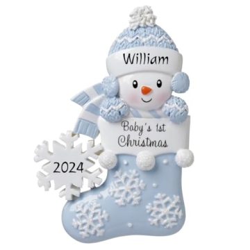 2024 Personalized Baby's First Christmas Ornament - Baby Boy Snowbaby in Stocking with Snowflake Chr...