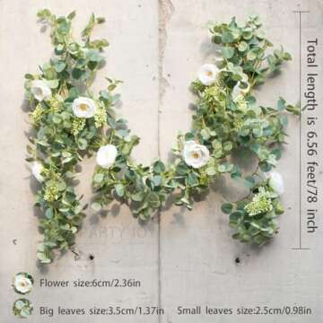 PARTY JOY 6.56ft Eucalyptus Garland with Flowers-8 White Roses, Artificial Fake Flowers Greenery Gar...