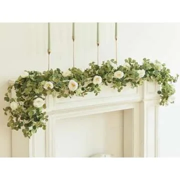 PARTY JOY 6.56ft Eucalyptus Garland with Flowers-8 White Roses, Artificial Fake Flowers Greenery Garland Floral Vines for Decoration Party Wedding Table Indoor Outdoor Backdrop Wall Decor(White)