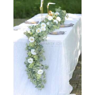 PARTY JOY 6.56ft Eucalyptus Garland with Flowers-8 White Roses, Artificial Fake Flowers Greenery Garland Floral Vines for Decoration Party Wedding Table Indoor Outdoor Backdrop Wall Decor(White)