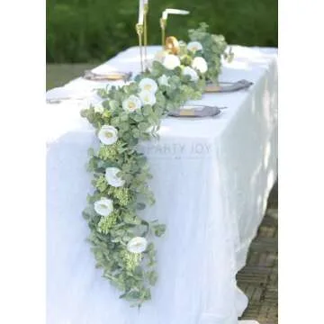 PARTY JOY 6.56ft Eucalyptus Garland with Flowers-8 White Roses, Artificial Fake Flowers Greenery Garland Floral Vines for Decoration Party Wedding Table Indoor Outdoor Backdrop Wall Decor(White)