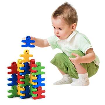 Agirlgle Wood Building Blocks Stacking Game Toys for Kids Children Toddlers Preschool Boys and Girls Learning Educational Toys 3D Wooden Assembled Toys Tile Balance Block Game 4 Color,16 Pieces