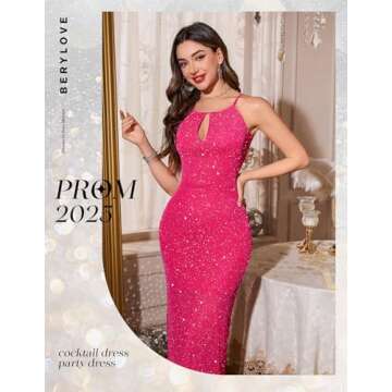 BeryLove Cocktail Evening Sequin Prom Dress Formal Wedding Guest Glitter Sparkly Long Dresses Sparkly Birthday Bodycon Dress 0032 Rose Red L